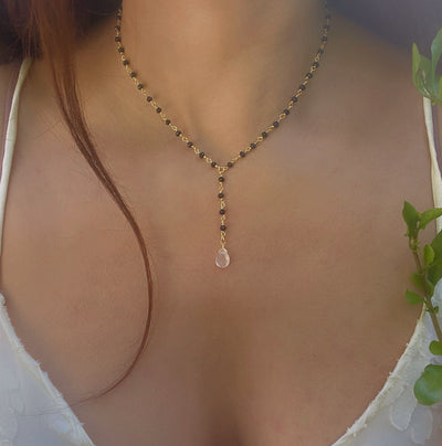 Black Onyx and Rose Quartz Lariat Necklace